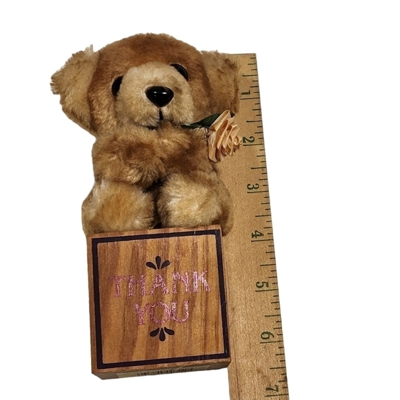 Vintage Thank you Bear on a block by Paula tiny plush bear holding a Rose - Picture 6 of 13